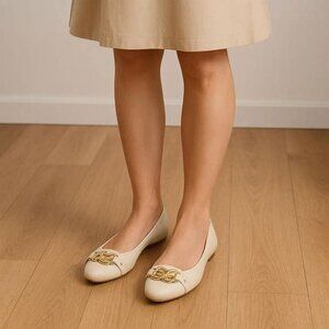 Beige Aerosols Ballet Flat Comfort Slip Ons with Gold Knot Toe Ornamentation 7